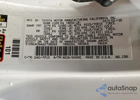 2010 Toyota Tacoma Base из США, поврежденный, VIN 5TENX4CN4AZ738093